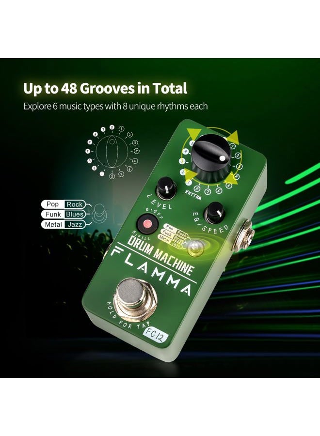 FLAMMA FC12 Drum Machine Guitar Pedal Drum Pedal with Real-Time FILL Function, Guitar Effect Pedal with 48 Drum Grooves 6 Music Styles & Tap Tempo EQ Presets, 44.1kHz/24Bit Mini Pedal - Image 2