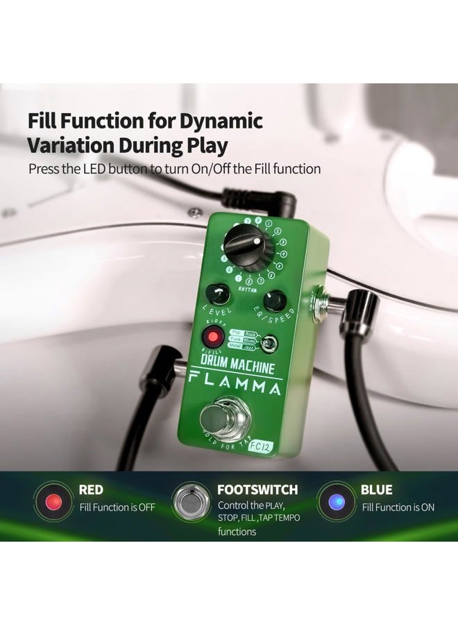 FLAMMA FC12 Drum Machine Guitar Pedal Drum Pedal with Real-Time FILL Function, Guitar Effect Pedal with 48 Drum Grooves 6 Music Styles & Tap Tempo EQ Presets, 44.1kHz/24Bit Mini Pedal - Image 5
