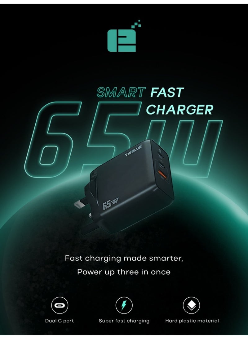 TWELVE 65W GaN Fast Charger 3-Port USB-C & USB-A Power Adapter, Dual Type-C Power Delivery Charger for Laptop, iPhone, Tablet - Image 1