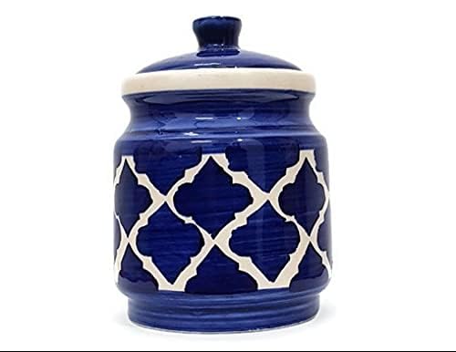EARTHYSTONE Handpainted & Handcrafted Ceramic Handi and jar with Lid - 400 ml (Multi Colour) | Dahi Handi | Serving Handi | Biryani Handi (Blue and White) mathani Handi - Image 1