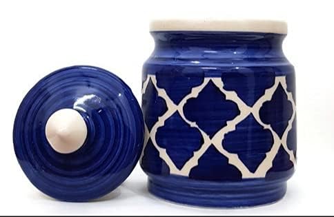 EARTHYSTONE Handpainted & Handcrafted Ceramic Handi and jar with Lid - 400 ml (Multi Colour) | Dahi Handi | Serving Handi | Biryani Handi (Blue and White) mathani Handi - Image 2