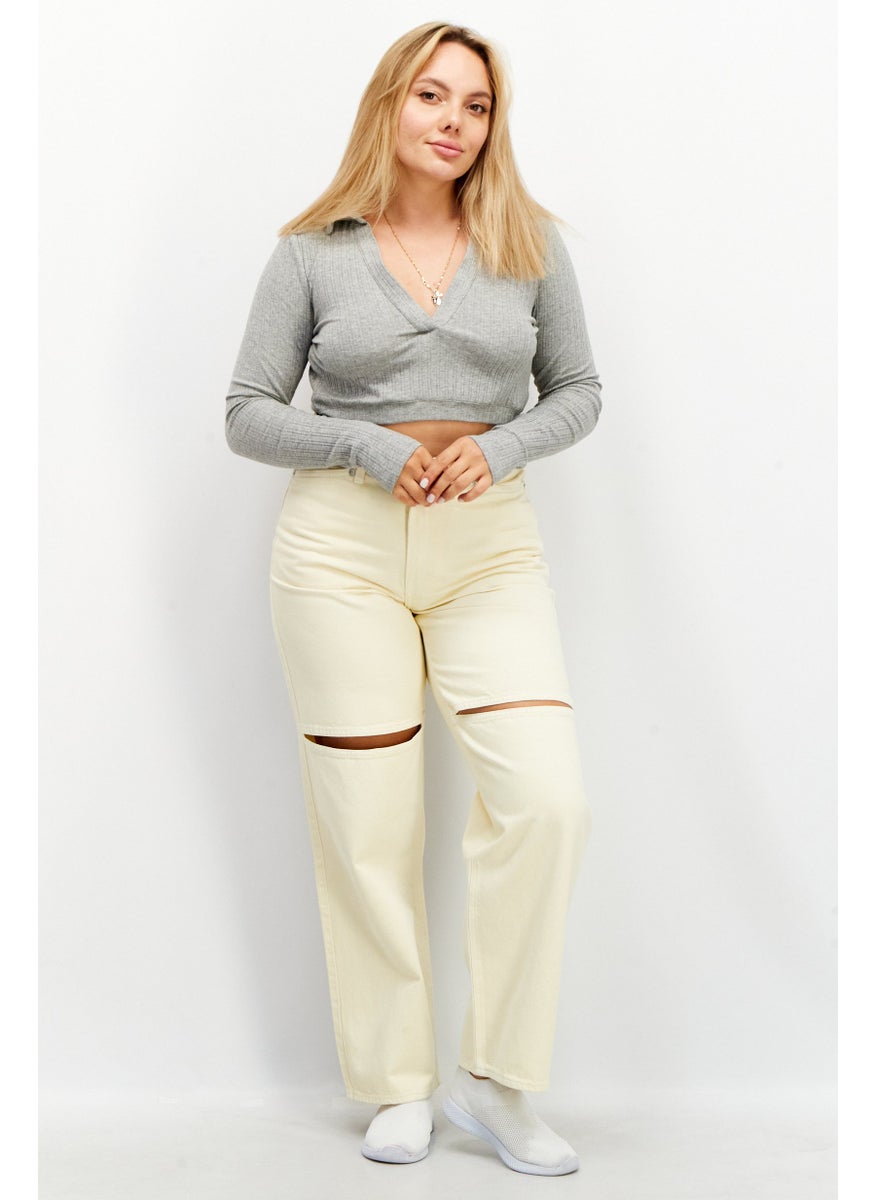 SkyLar Rose - Women V-Neck  long Sleeve Textured Crop Top, Grey - Image 1