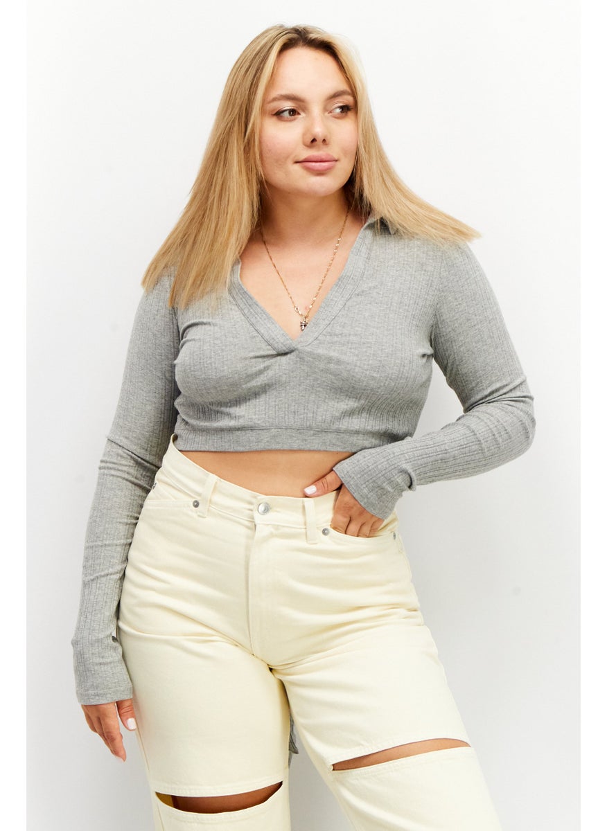 SkyLar Rose - Women V-Neck  long Sleeve Textured Crop Top, Grey - Image 1