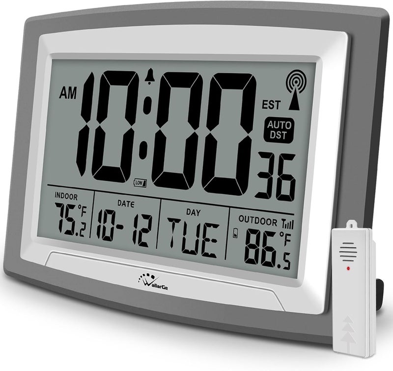WallarGe Atomic Clock with Outdoor and Indoor Temperature - 12.5 Inch Self-Setting Digital Clock Large Display, Battery Operated Wall Clocks or Desk Clocks for Bedroom, Livingroom, Office - Image 1