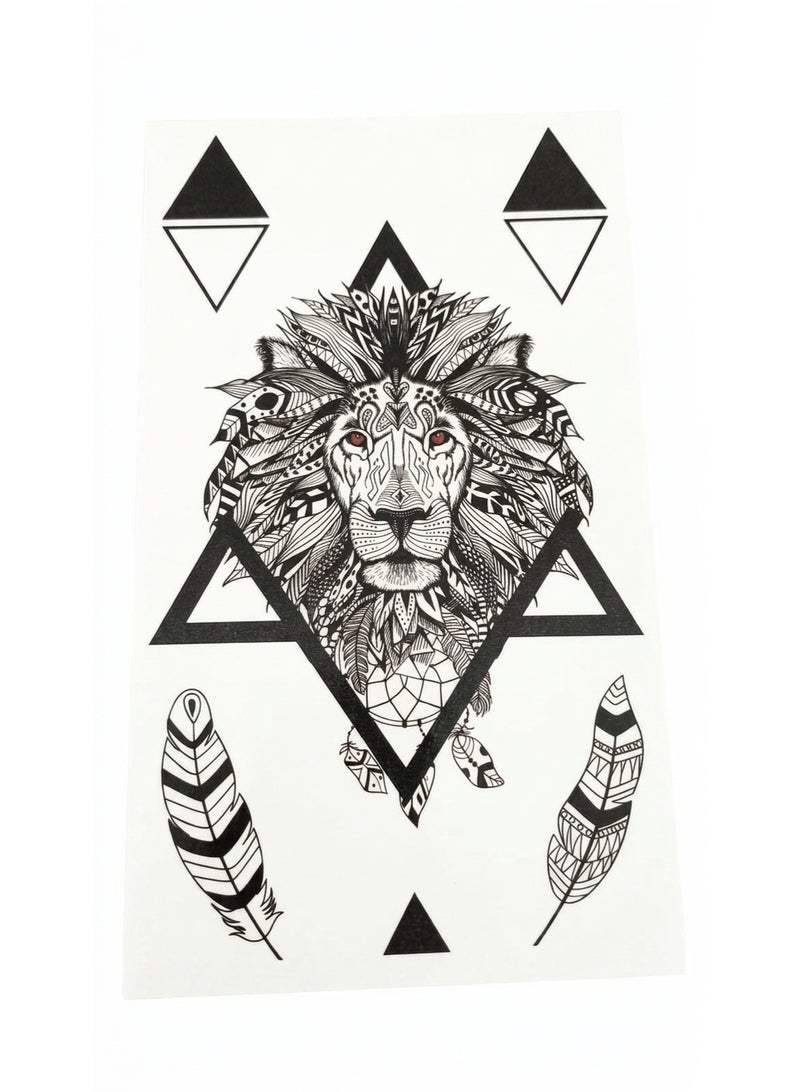 Temporary Tattoo Sticker - Tribal Lion Head with Geometric Design & Feathers