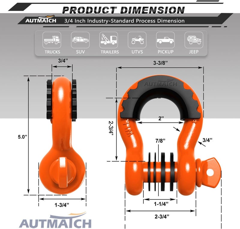 AUTMATCH D Ring Shackle 3/4" Shackles (2 Pack) 41,887Ibs Break Strength with 7/8" Screw Pin and Shackle Isolator Washers Kit for Tow Strap Winch Off Road Vehicle Recovery, Orange - Image 3