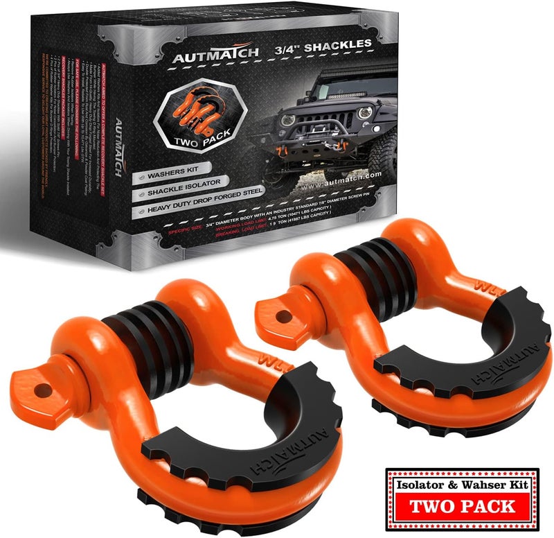 AUTMATCH D Ring Shackle 3/4" Shackles (2 Pack) 41,887Ibs Break Strength with 7/8" Screw Pin and Shackle Isolator Washers Kit for Tow Strap Winch Off Road Vehicle Recovery, Orange - Image 1