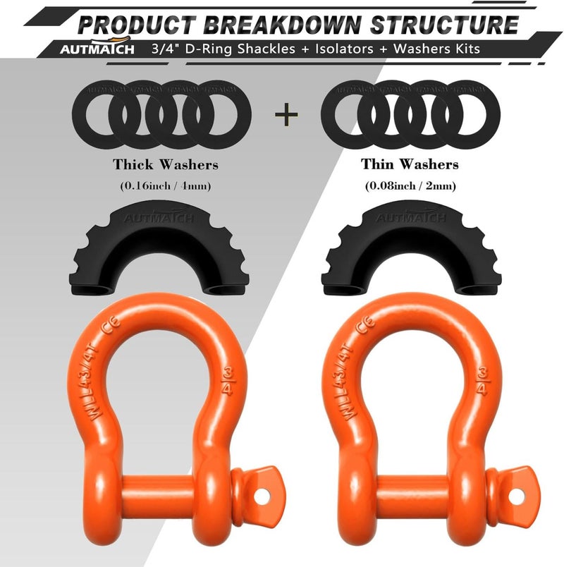 AUTMATCH D Ring Shackle 3/4" Shackles (2 Pack) 41,887Ibs Break Strength with 7/8" Screw Pin and Shackle Isolator Washers Kit for Tow Strap Winch Off Road Vehicle Recovery, Orange - Image 2