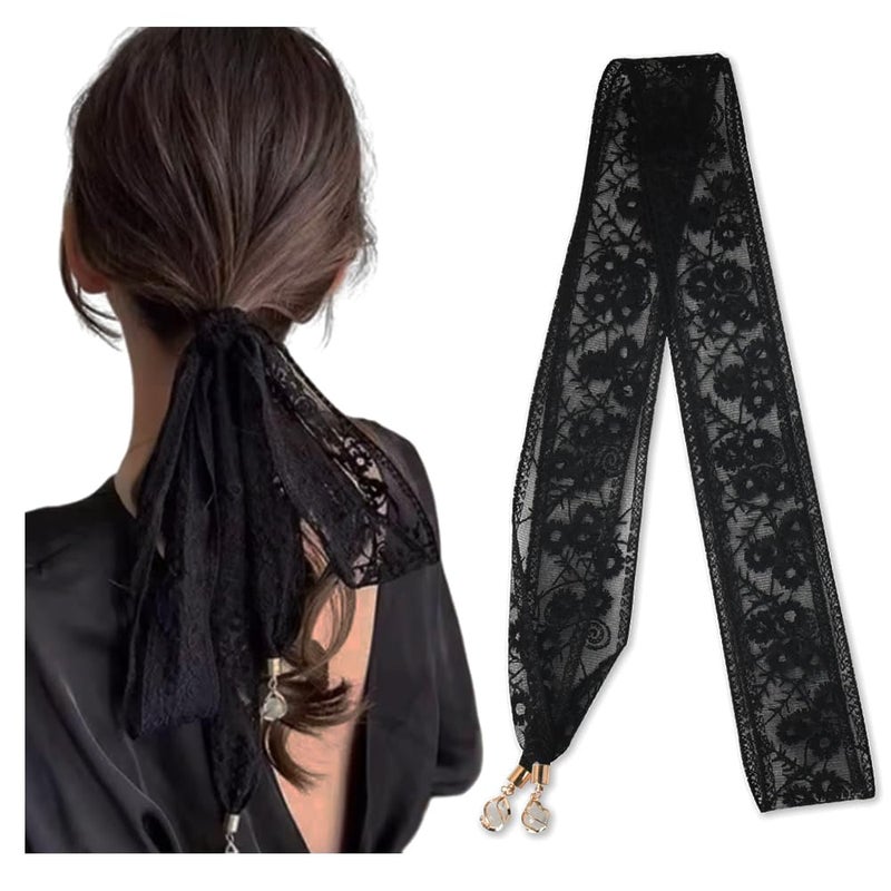 Kefley Head Scarf for Women: Black Lace Bandana, Vintage Floral Hair Ties, Veils, Ponytail Accessories for Braids - Image 1
