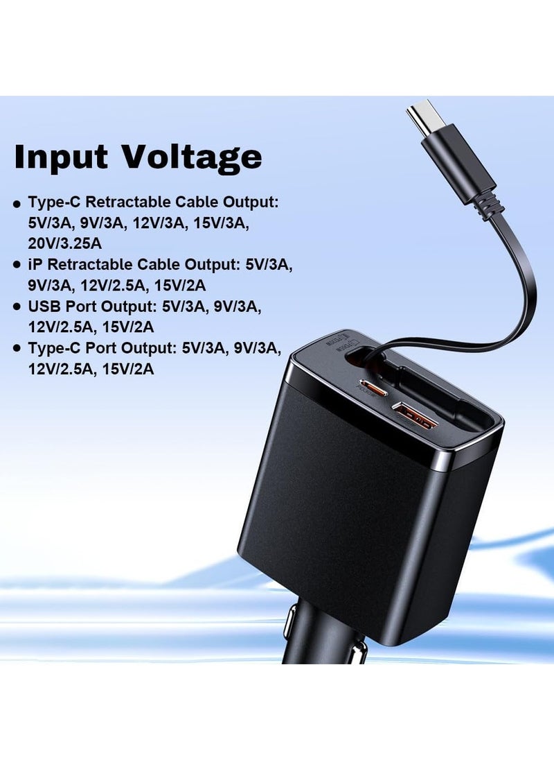 TIKNIA Retractable Car Charger, 3 in 1 Fast Car Phone Charger 125W, 1 Retractable Cable Type C and USB Car Charger, Compatible with iPhone 15/14/13/12/11, Galaxy, Pixel  - Image 5