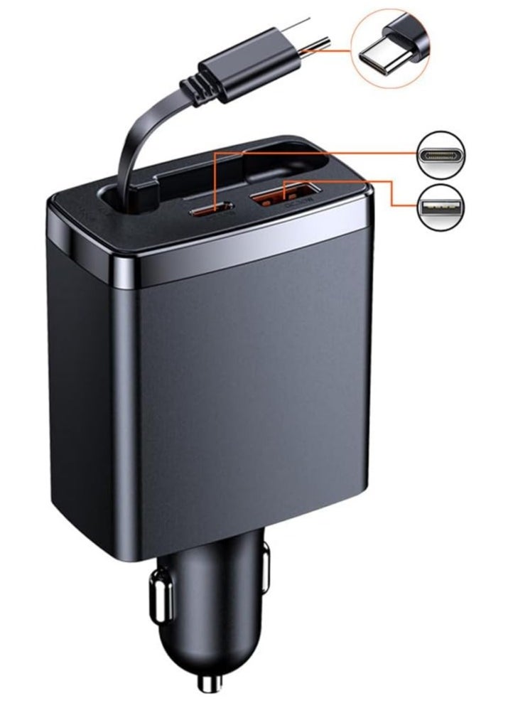 TIKNIA Retractable Car Charger, 3 in 1 Fast Car Phone Charger 125W, 1 Retractable Cable Type C and USB Car Charger, Compatible with iPhone 15/14/13/12/11, Galaxy, Pixel  - Image 1