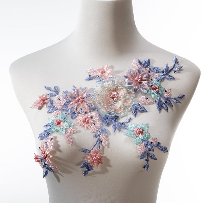 3D EMBROIDERED FLOWER FABRIC BEADED PEARL LACE APPLIQUE HANDMADE SEWING TOOL FOR DIY WEDDING BRIDAL DRESS FLORAL COSTUME PATCH DECORBLUE