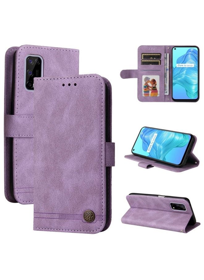 HuHa Case Cover For Realme 7 5G / V5 5G Skin Feel Life Tree Metal Button Horizontal Flip Leather Case with Holder & Card Slot & Wallet & Photo Frame & Strap Purple 