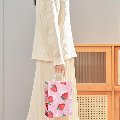 W WINTMING 16Pcs Strawberry Party Favor Bags Pink Red Paper Gift Bags with Handles Cute Candy Bag Goodie Bag for Summer Fruit Party Decoration - Image 4