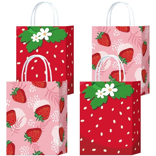 W WINTMING 16Pcs Strawberry Party Favor Bags Pink Red Paper Gift Bags with Handles Cute Candy Bag Goodie Bag for Summer Fruit Party Decoration - Image 1
