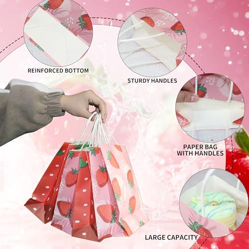 W WINTMING 16Pcs Strawberry Party Favor Bags Pink Red Paper Gift Bags with Handles Cute Candy Bag Goodie Bag for Summer Fruit Party Decoration - Image 3