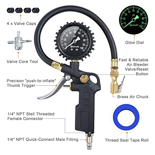 AstroAI Tire Pressure Gauge with Inflator, 100 PSI-ANSI B40.1 Accurate, Large 2.5" Easy Read Glow Dial, Heavy Duty Air Chuck and Compressor Accessories with Rubber Hose and Quick Connect Coupler - Image 4