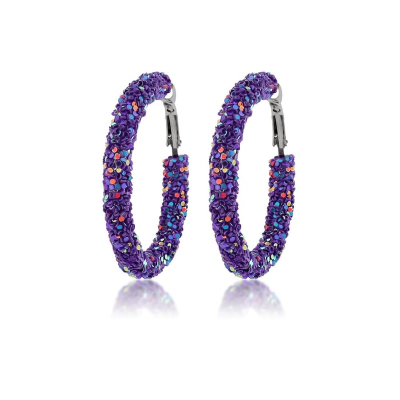 Bohemian Glitter Hoop Earrings Sparkle Resin Rhinestone Hoop Dangle Earrings for Women Round Circle Sequins Shiny Statement Earrings-Purple