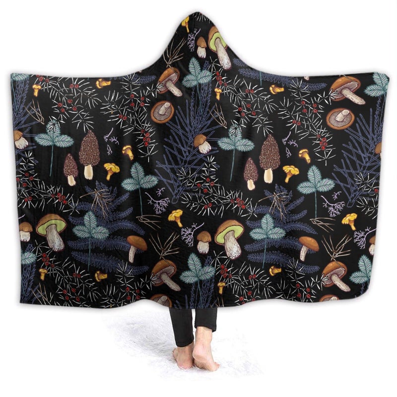 Mushroom Hooded Blanket Mushrooms Gifts for Women Soft Fleece Flannel Dark Wild Forest Mushrooms Throw Wearable Blanket All Season Plant Blankets for Bed Decorative 80x60 for Audlt
