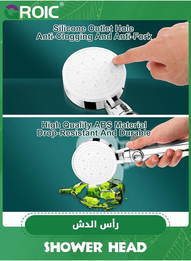 GROIC - رأس دش محمول - رؤوس دش عالية الضغط بخمس وظائف، مجموعة رأس دش توربو محمولة، رأس دش قابل للفصل مع خرطوم وحامل، دش محمول (فضي) - Image 1