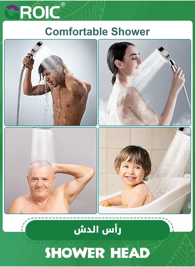 GROIC - رأس دش محمول - رؤوس دش عالية الضغط بخمس وظائف، مجموعة رأس دش توربو محمولة، رأس دش قابل للفصل مع خرطوم وحامل، دش محمول (فضي) - Image 1