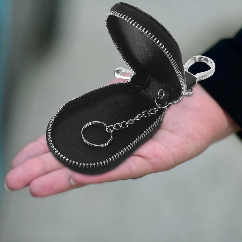 Car Key Fob Holder: PU Leather Car Key Zippered Case -Protective Organizer Pouch - Minimalist Storage Case with Metal Hook Black - Image 4