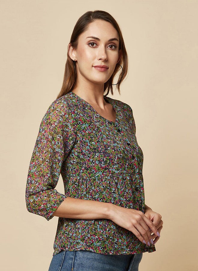 RAASSIO بلوزة نسائية بتصميم قميص مزخرف بالأزهار من قماش جورجيت - Image 3