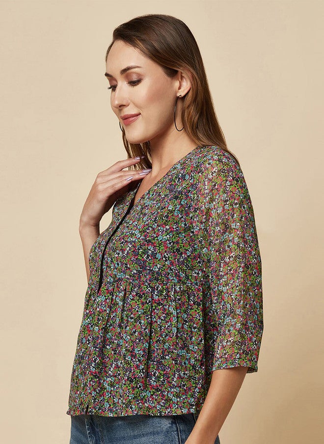 RAASSIO بلوزة نسائية بتصميم قميص مزخرف بالأزهار من قماش جورجيت - Image 4