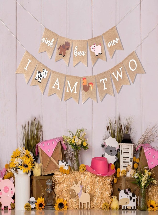 LINGANA Oink Baa Moo I am Two Burlap Banner - Farm 2nd Birthday Party Decorations,Farm Animals Second Birthday Banner,Rustic Burlap Garland Photo Backdrop,Cake Smash Party Hanging Decorations - Image 3