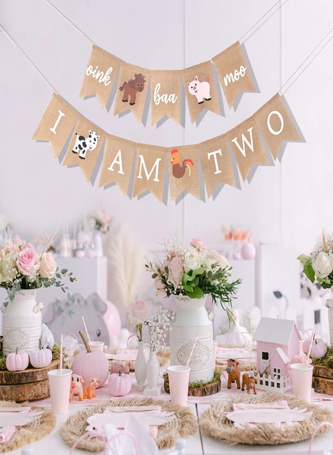 LINGANA Oink Baa Moo I am Two Burlap Banner - Farm 2nd Birthday Party Decorations,Farm Animals Second Birthday Banner,Rustic Burlap Garland Photo Backdrop,Cake Smash Party Hanging Decorations - Image 2