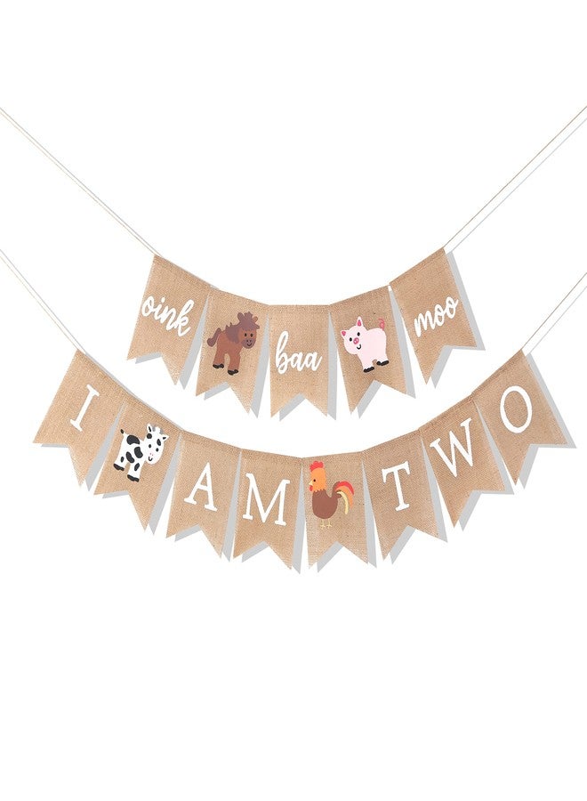 LINGANA Oink Baa Moo I am Two Burlap Banner - Farm 2nd Birthday Party Decorations,Farm Animals Second Birthday Banner,Rustic Burlap Garland Photo Backdrop,Cake Smash Party Hanging Decorations - Image 1
