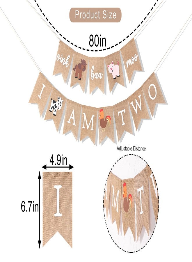 LINGANA Oink Baa Moo I am Two Burlap Banner - Farm 2nd Birthday Party Decorations,Farm Animals Second Birthday Banner,Rustic Burlap Garland Photo Backdrop,Cake Smash Party Hanging Decorations - Image 4