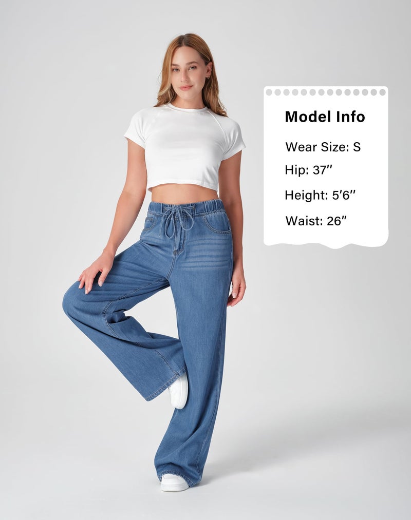 roswear Women's Wide Leg Jeans Non-Stretch with Elastic Waist Denim Pants for Casual Lounge Indigo Blue Large - Image 4