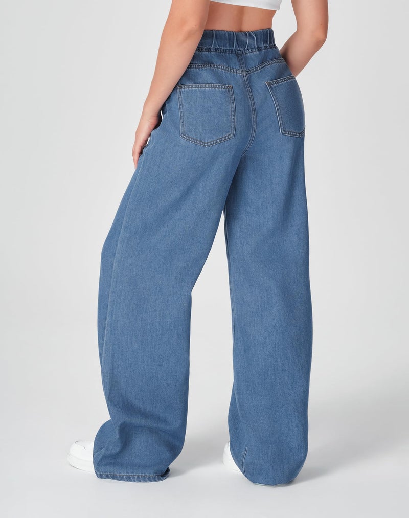 roswear Women's Wide Leg Jeans Non-Stretch with Elastic Waist Denim Pants for Casual Lounge Indigo Blue Large - Image 2