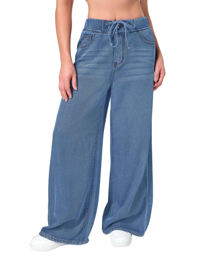 roswear Women's Wide Leg Jeans Non-Stretch with Elastic Waist Denim Pants for Casual Lounge Indigo Blue Large - Image 1