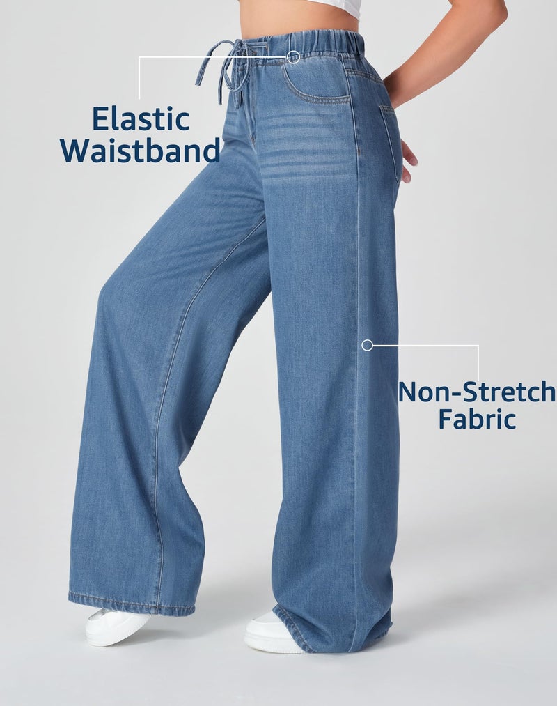 roswear Women's Wide Leg Jeans Non-Stretch with Elastic Waist Denim Pants for Casual Lounge Indigo Blue Large - Image 3