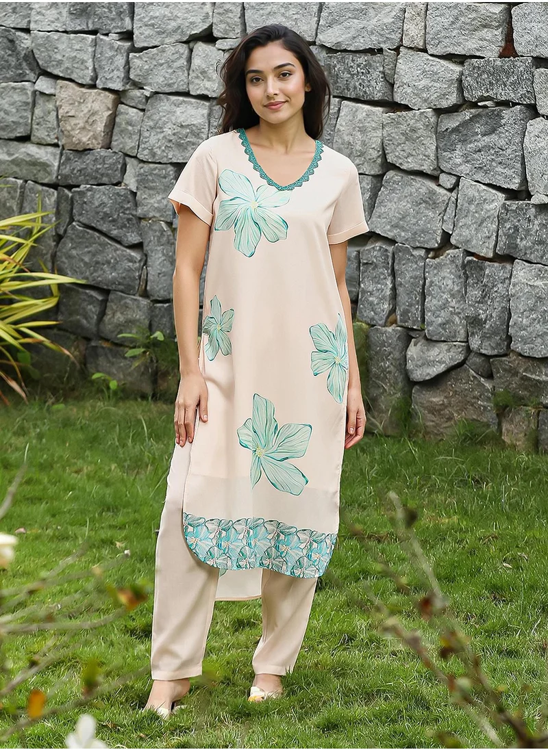 QISSA Women's Soft Pink & Seagreen Chantilly Bloom Kurta Set