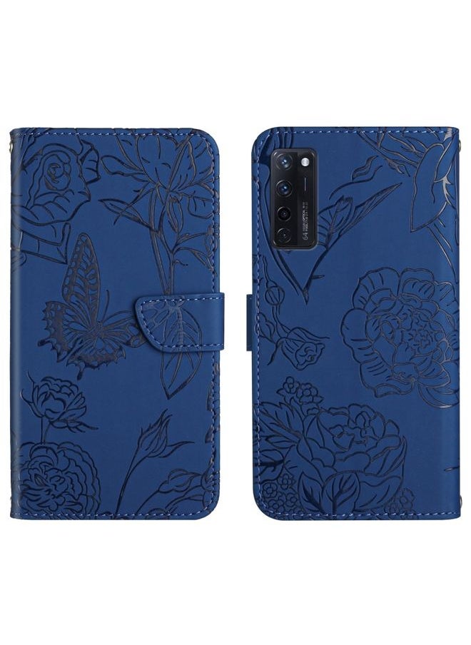 HuHa Case Cover For ZTE Axon 20 4G / 5G Skin Feel Butterfly Peony Embossed Leather Phone Case(Blue) 