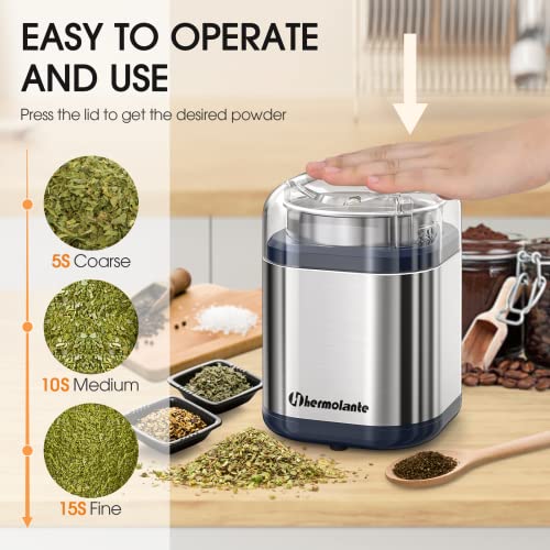 Hermolante Herb Grinder Spice Grinder, 200 w Herb Grinder with Stainless Steel Blade and Cleaning Brush, Compact Size Electric Grinder for Herbs and Spices -5.11in(Stainless Steel) - Image 2
