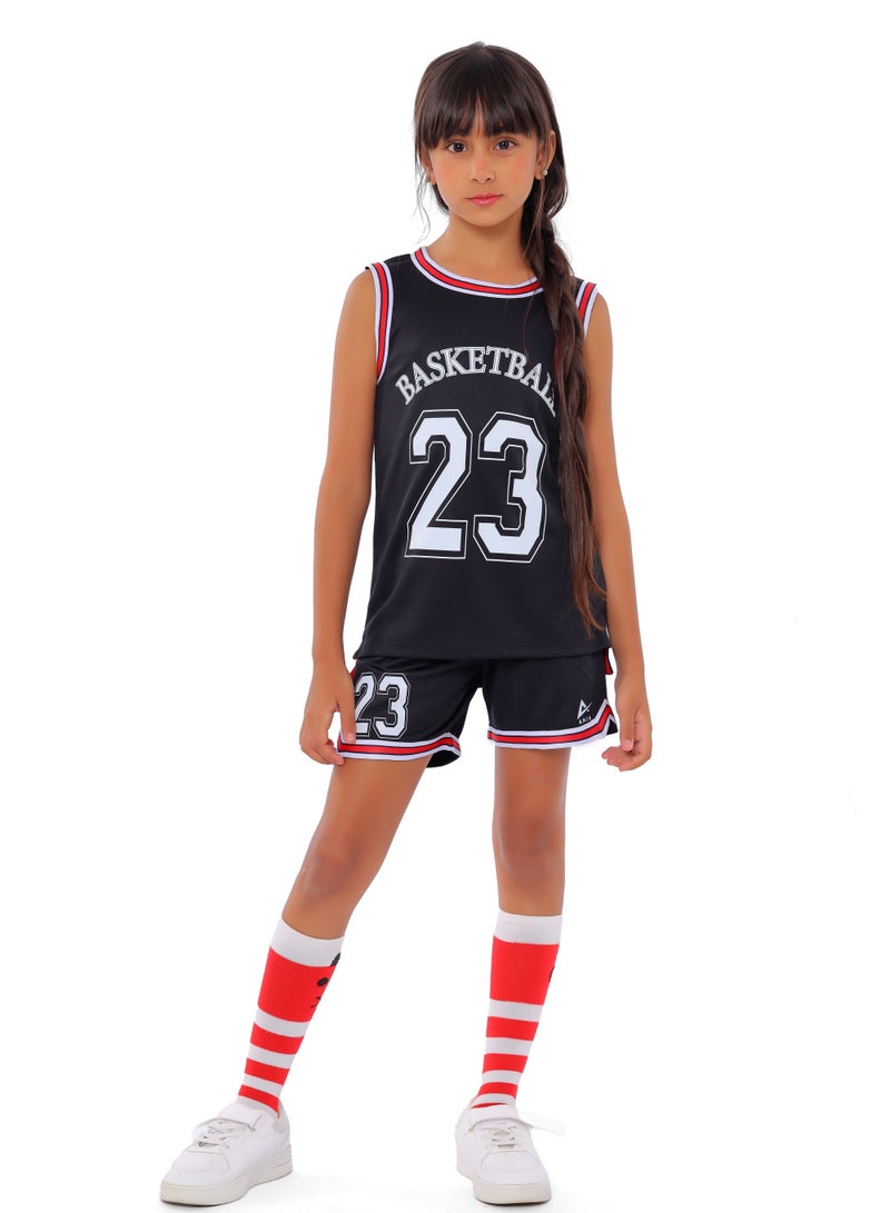 ANJA Girls Black Basketball Kit – Sporty Sleeveless Jersey and Shorts Set - Image 1