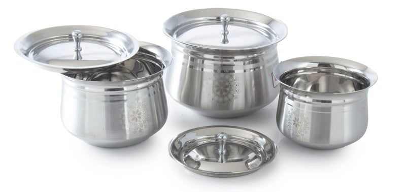 Expresso Expresso Stainless Steel Bottom 3 Pc Handi/Cookware/Serving Pot Set with Lid Serving Pot Set for Kitchen 650ML, 1000ML, 1400ML, (Silver) Tomoto Pot