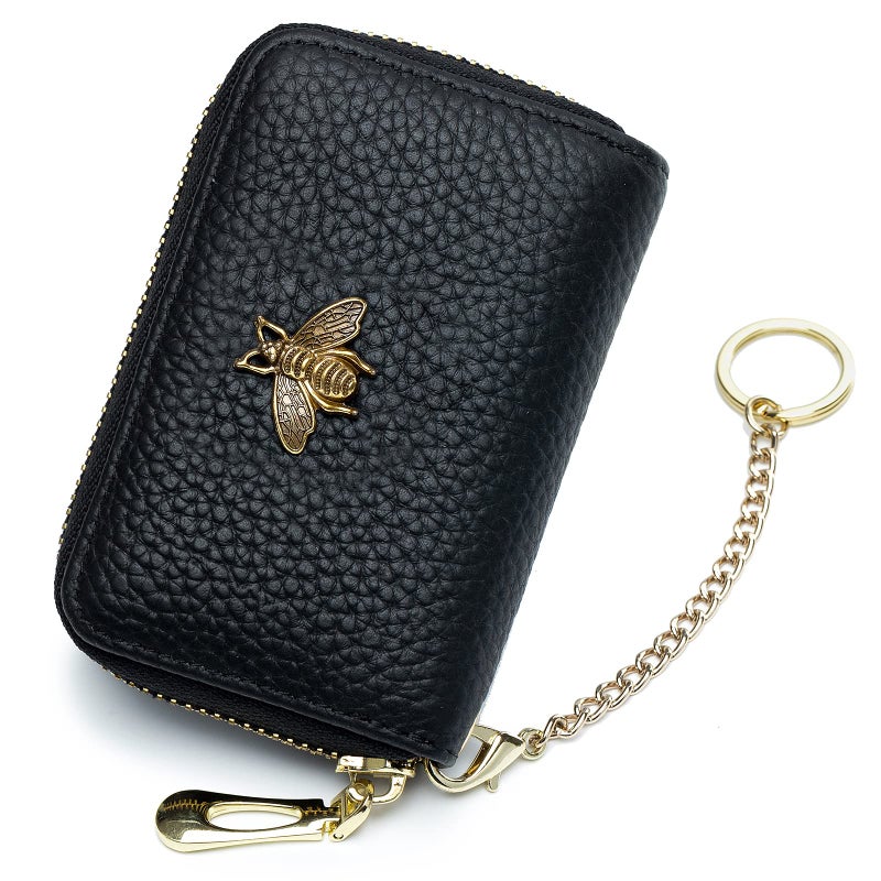 imeetu RFID Credit Card Holder, Small Leather Zipper Card Case Wallet with Keychain and ID Window for Women (Pro,Black) - Image 1