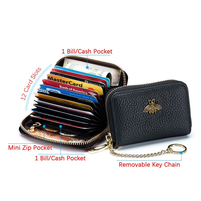 imeetu RFID Credit Card Holder, Small Leather Zipper Card Case Wallet with Keychain and ID Window for Women (Pro,Black) - Image 3