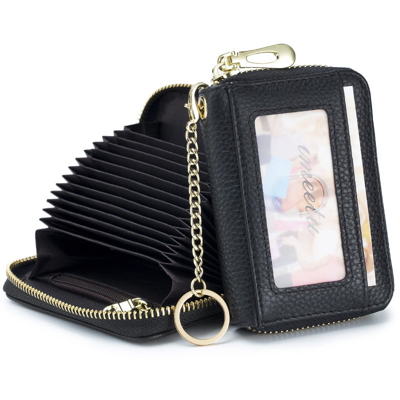 imeetu RFID Credit Card Holder, Small Leather Zipper Card Case Wallet with Keychain and ID Window for Women (Pro,Black) - Image 2