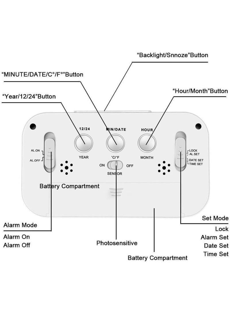 AIRUIFU ساعة منبه رقمية ذكية مزودة بمستشعر درجة الحرارة وإضاءة ليلية للأطفال، ساعة غفوة تعمل باللمس لغرفة النوم (أبيض) - Image 4