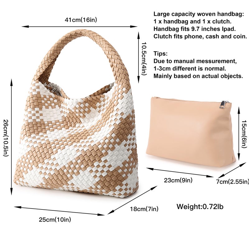 Queenoris Woven Bag for Women, Vegan Leather Tote Bag Large Summer Beach Travel Handbag and Purse Retro Handmade Shoulder Bag (apricot and white contrasting) - Image 3