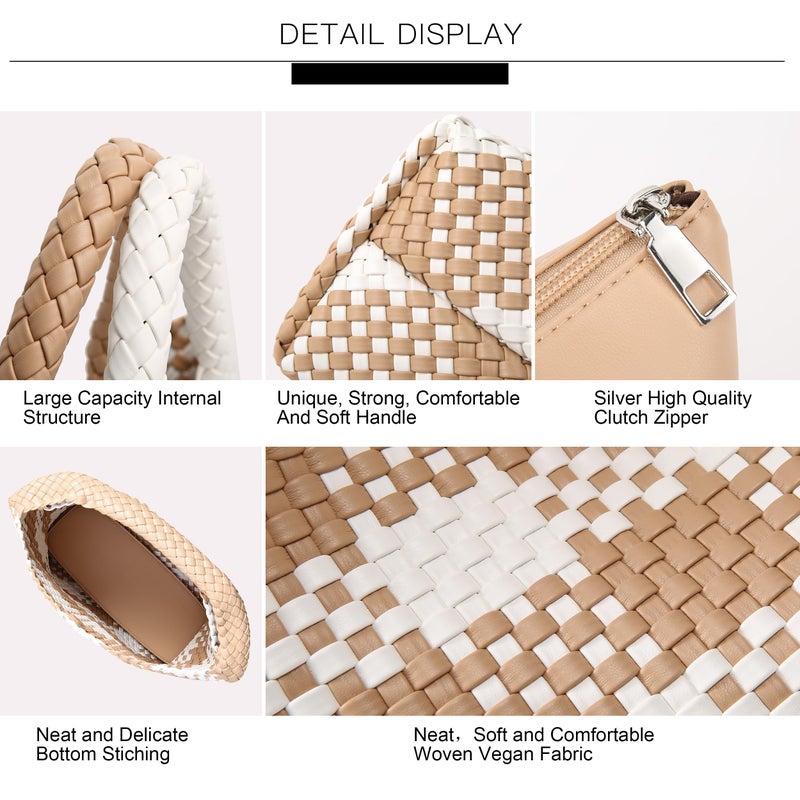 Queenoris Woven Bag for Women, Vegan Leather Tote Bag Large Summer Beach Travel Handbag and Purse Retro Handmade Shoulder Bag (apricot and white contrasting) - Image 5