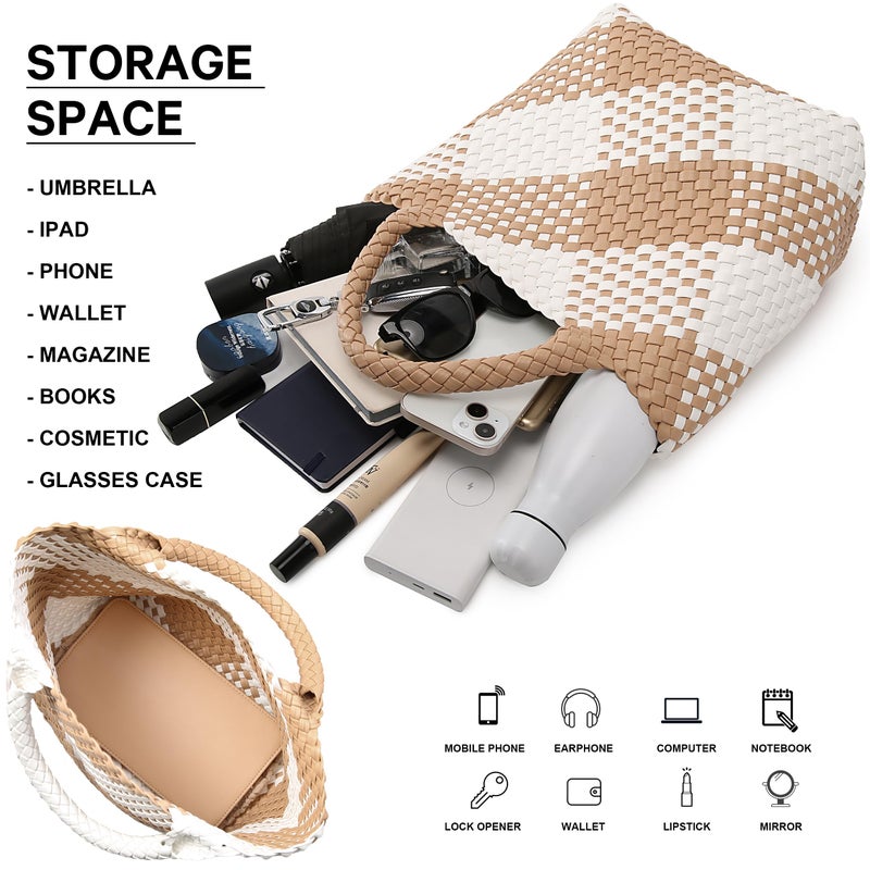 Queenoris Woven Bag for Women, Vegan Leather Tote Bag Large Summer Beach Travel Handbag and Purse Retro Handmade Shoulder Bag (apricot and white contrasting) - Image 4