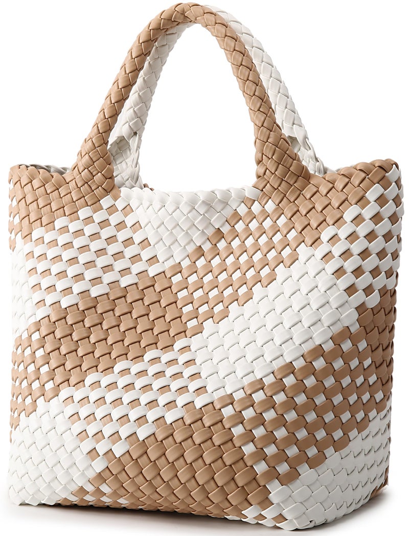 Queenoris Woven Bag for Women, Vegan Leather Tote Bag Large Summer Beach Travel Handbag and Purse Retro Handmade Shoulder Bag (apricot and white contrasting) - Image 2