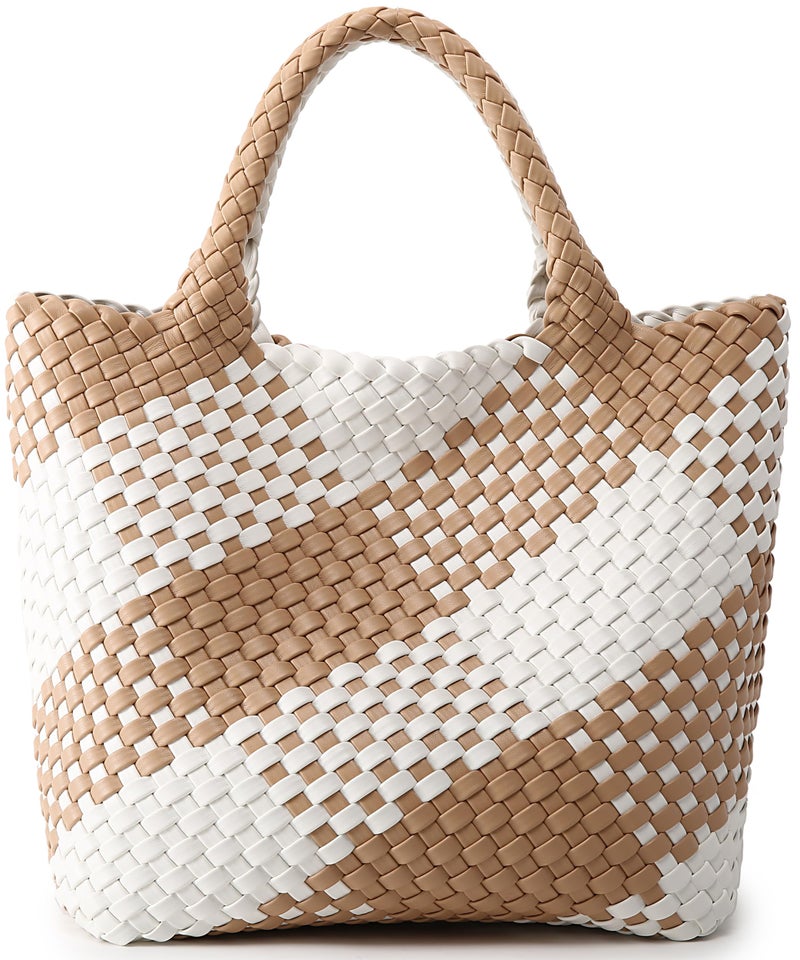 Queenoris Woven Bag for Women, Vegan Leather Tote Bag Large Summer Beach Travel Handbag and Purse Retro Handmade Shoulder Bag (apricot and white contrasting) - Image 1
